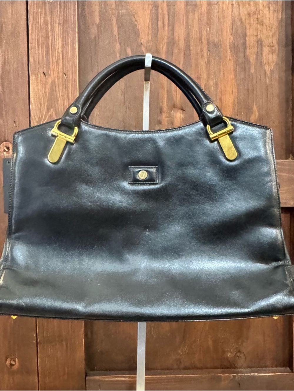 Structured Black Leather Top-Handle Satchel with Gold Hardware